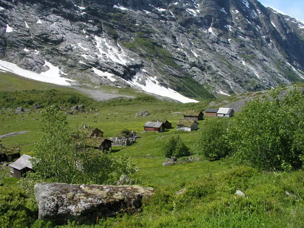 Storesætra in Stryn (Sogn og Fjordane) as it looks today. People have been using this landscape ever since the Stone Age. The pollen samples were taken from the hill in the middle of the summer farm.