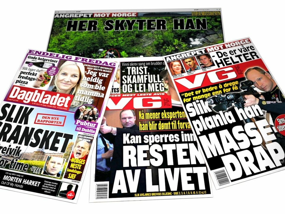 Norwegian newspapers July 24 2011, April 11 2012, and April 13 2012. (Ill.: Per Byhring)