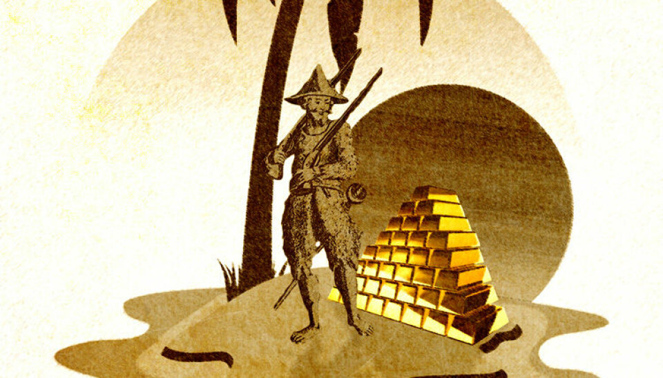 If Robinson Crusoe discovered a pile of gold on his island and suddenly became rich, it wouldn’t help him at all without any labour force to work for him. (Illustration: Colourbox/Wikimedia)