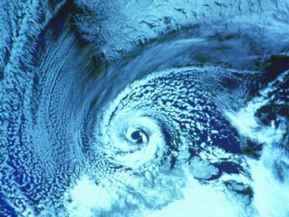 Notice the cyclone shape as a polar low-pressure system hits the coast of Finnmark, Norway’s northernmost county. At the top of the photo, the southern tip of Svalbard is visible. (Photo: Wikimedia Commons)