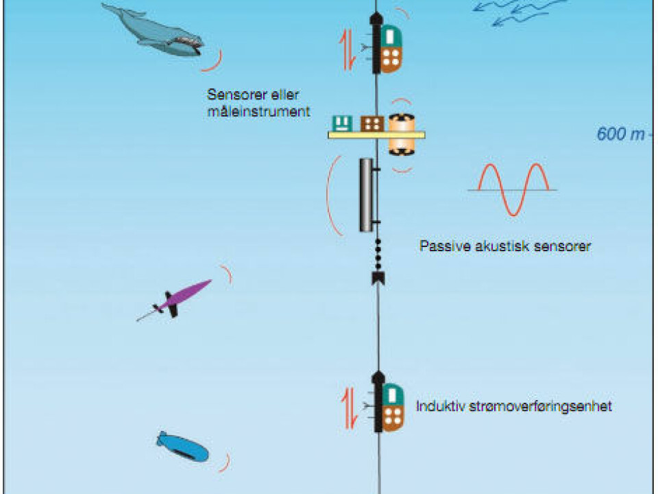An ocean observatory anchored to the sea bed could look like this. Various scientific monitoring instruments can provide hour-by-hour observations, year round. Click on the magnifying glass for an enlargement. (Illustration: Norwegian Ocean Observatory Network/NOON).