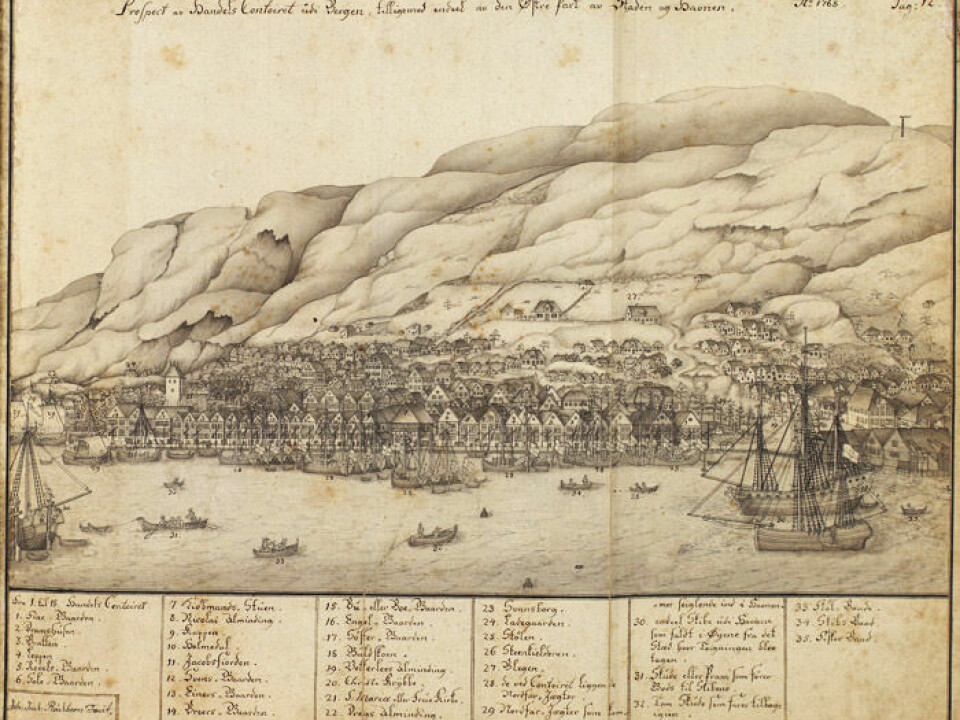 The old quayside Bryggen in Bergen was a hub for the Hanseatic League in Norway. Drawing by Johan Joachim Reichborn in 1768. (Photo: Wikimedia Commons)