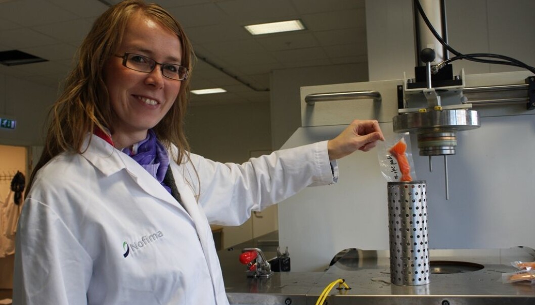 Tone Mari Rode at Nofima in Stavanger drops a vacuum-sealed slice of raw salmon into a canister that will go into a high-pressure machine. (Photo: Nofima) Tone Mari Rode at Nofima in Stavanger drops a vacuum-sealed slice of raw salmon into a canister that will go into a high-pressure machine. (Photo: Nofima)