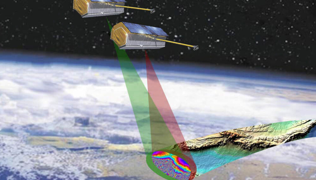 The twin satellites TerraSAR-X and TanDEM-X orbit just a few hundred metres from each other. Together their two radar antennas can create three-dimensional images of the Earth’s surface in great detail. (Illustration: Astrium) The twin satellites TerraSAR-X and TanDEM-X orbit just a few hundred metres from each other. Together their two radar antennas can create three-dimensional images of the Earth’s surface in great detail. (Illustration: Astrium)