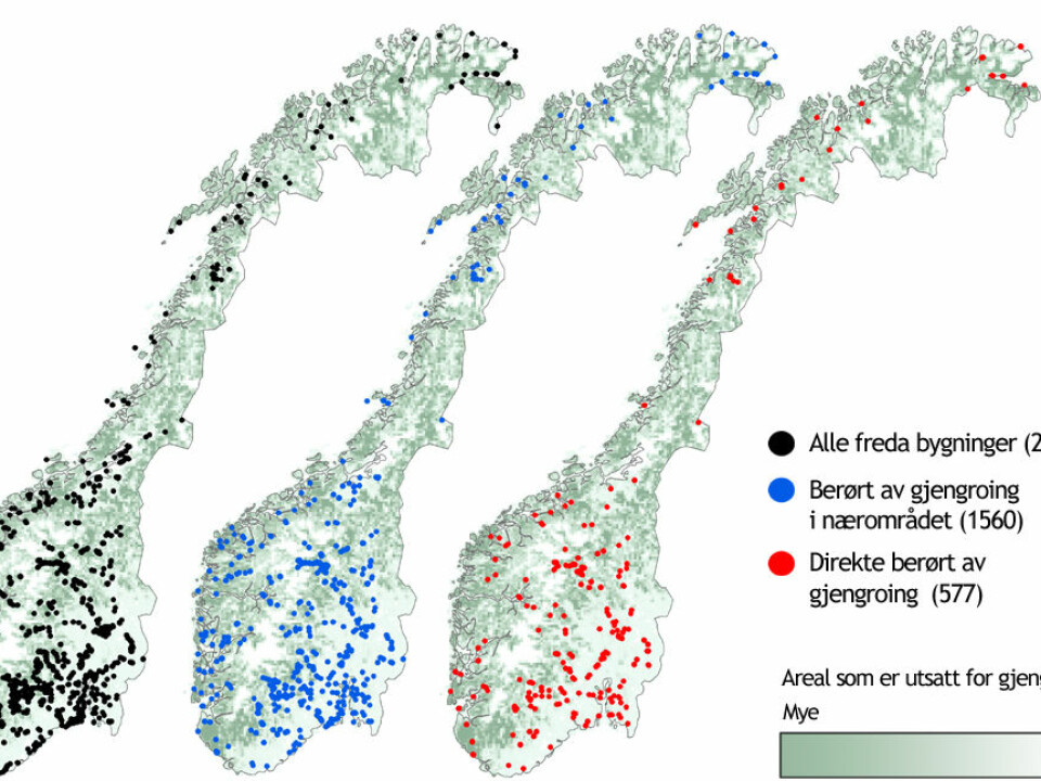 Black dots represent protected buildings linked with agriculture and fisheries. The green-white colouring indicates land within five square kilometre spaces that are becoming overgrown. Blue dots indicate such growth in close proximity and red dots such sites that are being overgrown. (Figure: Anders Bryn)