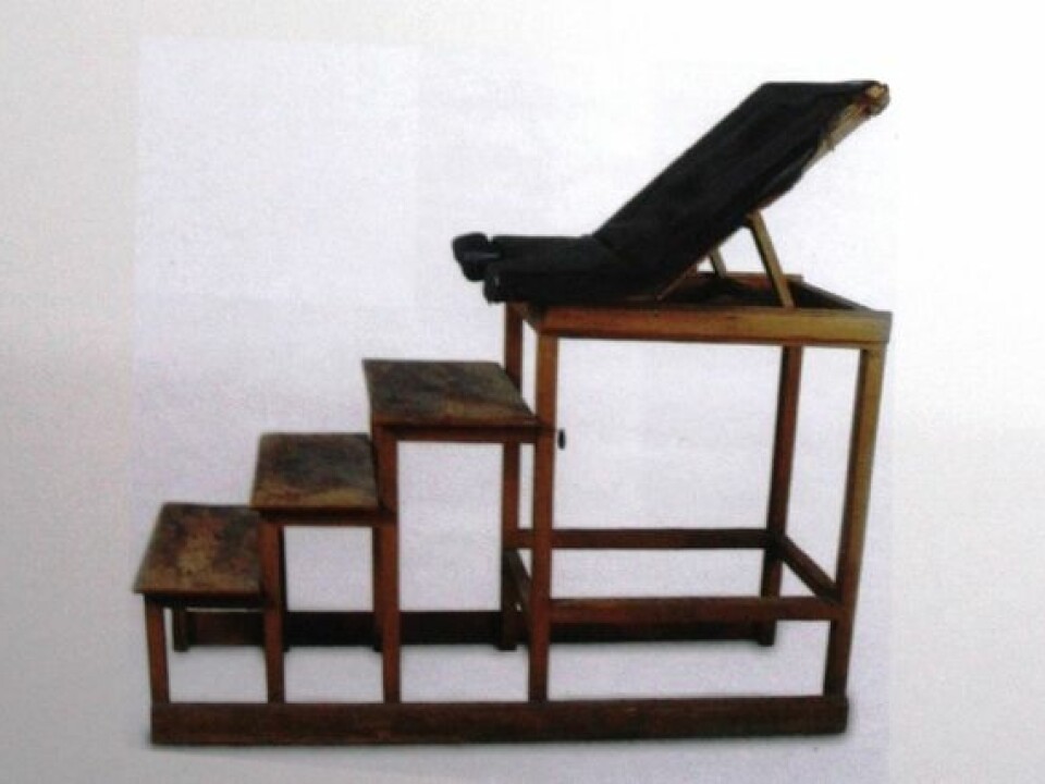 A chair used in gynaecological examinations back in the day. Women sat in these during the mandatory visitations. (Photo: Marianne Nordahl. The photo used in the exhibition is on loan from the National Museum of Justice, Norway)