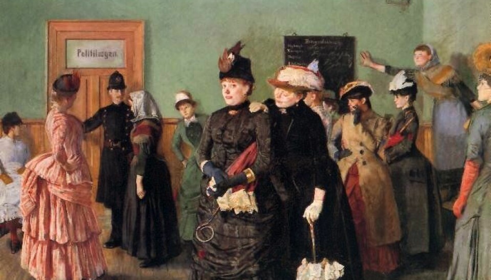 The famous painting Albertine to see the Police Surgeon by Christian Krogh, which was first exhibited in 1887. The young woman Albertine is about to partake in the so-called visitation – which included a gynaecological examination – for the first time.