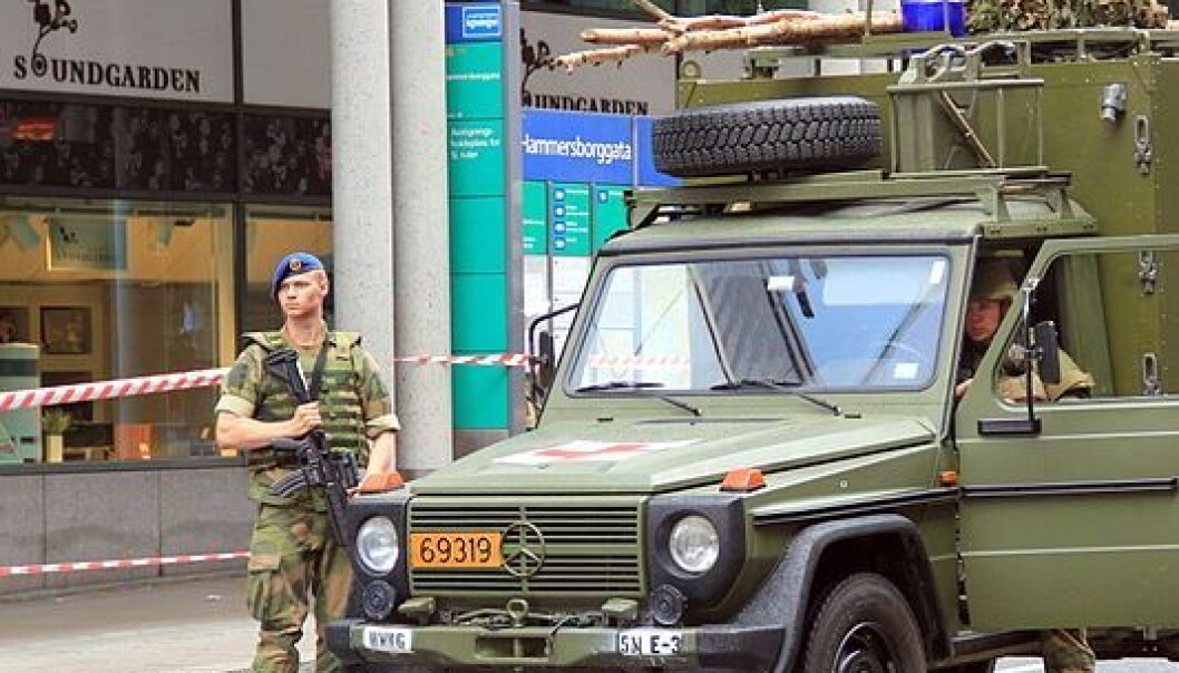 Perhaps a more common sight in the future – a military check-post on the street Hammersborggata in Oslo, the day after a Norwegian terrorist bombed government buildings and massacred young Labour Party members. (Photo: Chell Hill/ Wikimedia Commons) Perhaps a more common sight in the future – a military check-post on the street Hammersborggata in Oslo, the day after a Norwegian terrorist bombed government buildings and massacred young Labour Party members. (Photo: Chell Hill/ Wikimedia Commons)