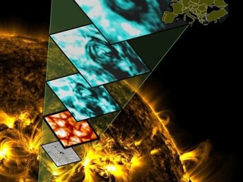 An illustration of a magnetic tornado in the solar atmosphere, using the European map to indicate the size. (Illustration: Scullion, Wedemeyer-Böhm et al. (2012), background image: NASA) An illustration of a magnetic tornado in the solar atmosphere, using the European map to indicate the size. (Illustration: Scullion, Wedemeyer-Böhm et al. (2012), background image: NASA)