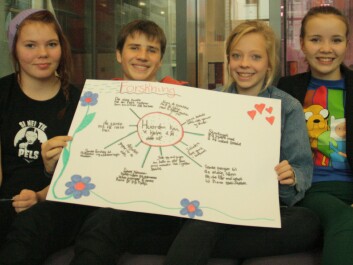 The researchers from Frydenburg School have written on their poster: How can we help give the elderly more time out of their rooms? From left: Juliet Kvam (14), Jørgen Johansen (14), Jenny Skoland (13) and Hedda Larssen (13). (Photo: Ida Korneliussen) The researchers from Frydenburg School have written on their poster: How can we help give the elderly more time out of their rooms? From left: Juliet Kvam (14), Jørgen Johansen (14), Jenny Skoland (13) and Hedda Larssen (13). (Photo: Ida Korneliussen)