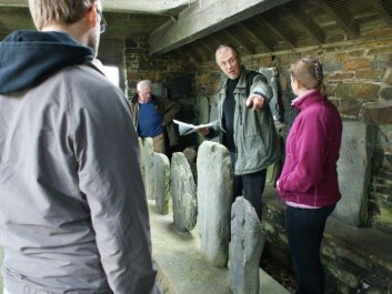 Runologist Terje Spurkland, second from right, on the Isle of Man, in his proper element amidst a collection of Norwegian runestones, The stones were erected by Vikings in the 900s. (Private photo) Runologist Terje Spurkland, second from right, on the Isle of Man, in his proper element amidst a collection of Norwegian runestones, The stones were erected by Vikings in the 900s. (Private photo)