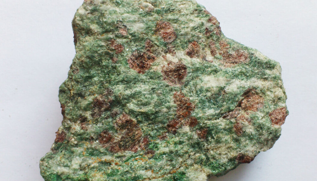 “Eclogite is one of the beautiful local rocks found among the gneisses of Nordfjord,” says Ane Engvik at NGU. (Photo: Andreas R. Graven) “Eclogite is one of the beautiful local rocks found among the gneisses of Nordfjord,” says Ane Engvik at NGU. (Photo: Andreas R. Graven)