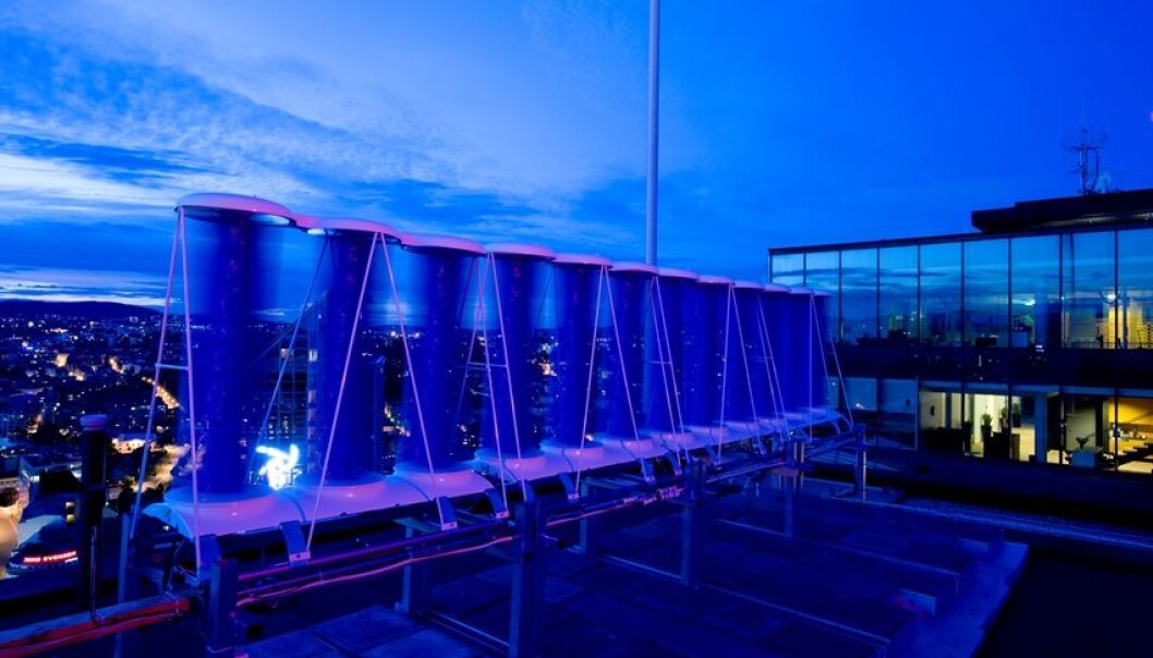 Measurement equipment and turbines is installed on the roof of the 23rd floor of a building in Oslo. (Photo: Entra) Measurement equipment and turbines is installed on the roof of the 23rd floor of a building in Oslo. (Photo: Entra)