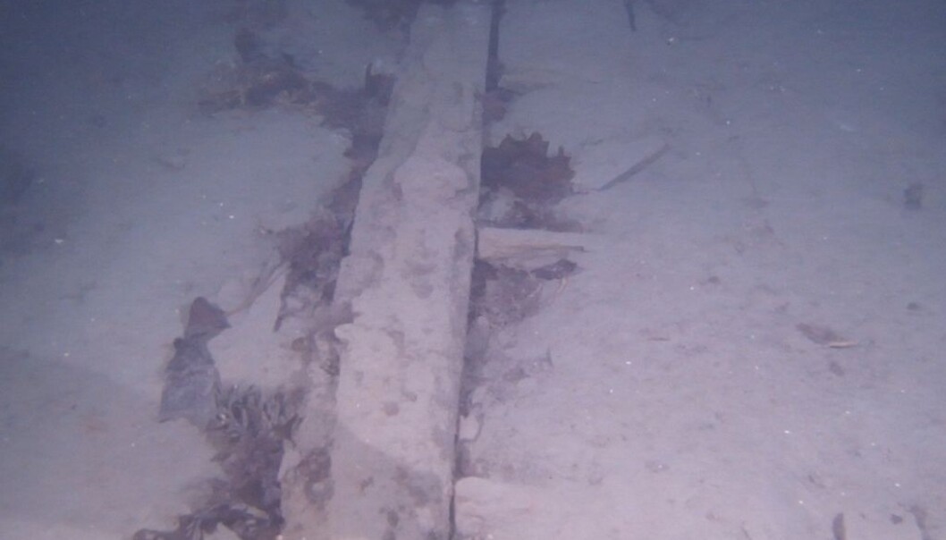 Part of a wreck found in the fjord outside Trondheim in December. The picture is from a video in HD revealing its keel and ribs. No artefacts have been found near this wreck yet to indicate its age, but researchers think it’s from 17th or 18th century. The shipwreck is at a depth of 80 metres and is typical of the way wooden wrecks appear after centuries on the sea floor. (Photo: Trondheim Science Museum) Part of a wreck found in the fjord outside Trondheim in December. The picture is from a video in HD revealing its keel and ribs. No artefacts have been found near this wreck yet to indicate its age, but researchers think it’s from 17th or 18th century. The shipwreck is at a depth of 80 metres and is typical of the way wooden wrecks appear after centuries on the sea floor. (Photo: Trondheim Science Museum)