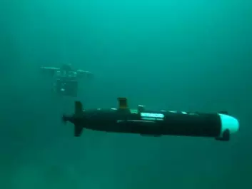 An autonomous underwater vehicle, or AUV, in the foreground. It is a small long-range unmanned sub that can explore large tracts of seabed. In the background is a remotely operated vehicle, or ROV. Working together the two can see quite far and penetrate perilous depths. (Photo: AUR-lab, NTNU)