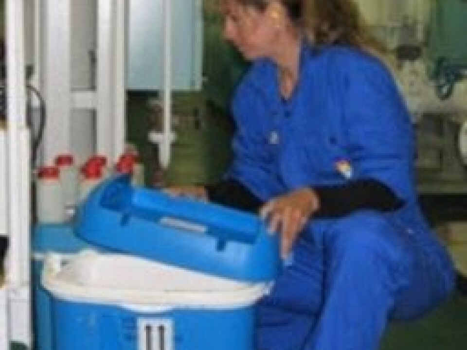 Researcher Stephanie Delacroix during shipboard testing of ballast water management system. (Photo: NIVA)