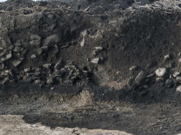 Profile through the soil layers. The layers of rock is cooking stones. (Photo: Åge Hojem, NTNU University Museum) Profile through the soil layers. The layers of rock is cooking stones. (Photo: Åge Hojem, NTNU University Museum)