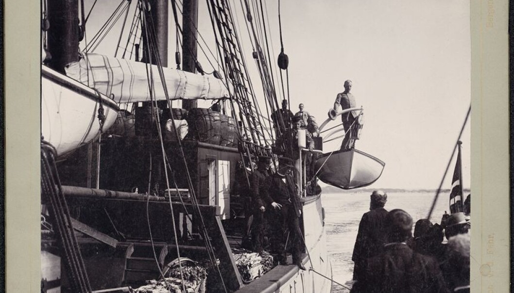 Nansen stands on one of the Fram's lifeboats as the vessel heads north from Bergen, at the beginning of its 3-year-long journey to study the mysteries of the Arctic Ocean. (Photo: Joh v. d. Fehr / from the Norwegian National Library, bldsa_q3c001) Nansen stands on one of the Fram's lifeboats as the vessel heads north from Bergen, at the beginning of its 3-year-long journey to study the mysteries of the Arctic Ocean. (Photo: Joh v. d. Fehr / from the Norwegian National Library, bldsa_q3c001)