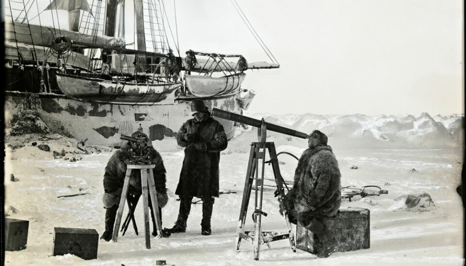 Nansen's observations from the Arctic provide some of the earliest data points for researchers now studying rapid changes in the polar regions. Here,from left, Hjalmar Johansen, Fridtjof Nansen and Sigurd Scott Hansen make observations during a solar eclipse, 6 April 1894. (Photo: Unknown photographer/from the Norwegian National Library, bldsa_q3c035)