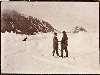 Nansen greets Frederick George Jackson 15 months after Nansen and Hjalmar Johansen left the Fram to ski to the North Pole. They skied as far as 86°13.6′N and then turned back. A chance meeting brought them in contact with Jackson, who took them back to Norway from where they met in Frans Josef Land in Russia. The pair were reunited with the Fram in August,1896. (Photo: Unknown photographer/from the Norwegian National Library, bldsa_3c114) Nansen greets Frederick George Jackson 15 months after Nansen and Hjalmar Johansen left the Fram to ski to the North Pole. They skied as far as 86°13.6′N and then turned back. A chance meeting brought them in contact with Jackson, who took them back to Norway from where they met in Frans Josef Land in Russia. The pair were reunited with the Fram in August,1896. (Photo: Unknown photographer/from the Norwegian National Library, bldsa_3c114)