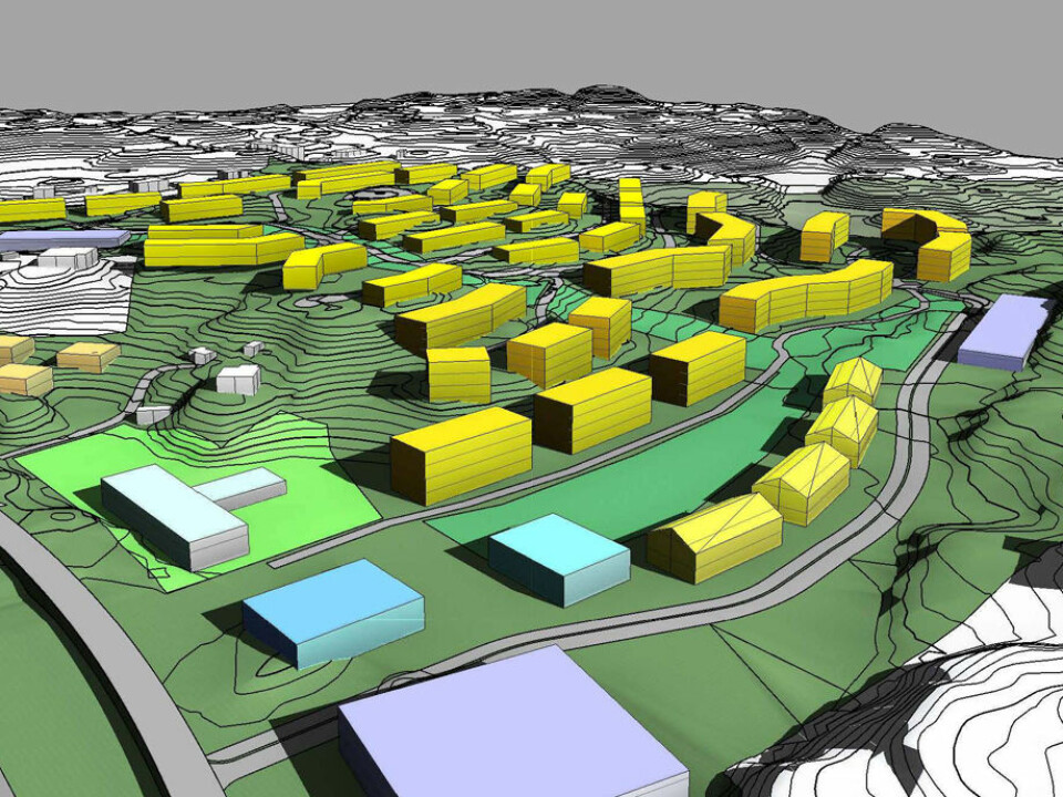 Larger housing projects are also underway. Some 500-800 environmentally friendly housing units are being planned for Ådland in Blomsterdalen, a Bergen suburb. The goal is zero emissions for the units during their operational lifetime. As shown, this project is still in the planning stage. (Illustration: Norconsult)