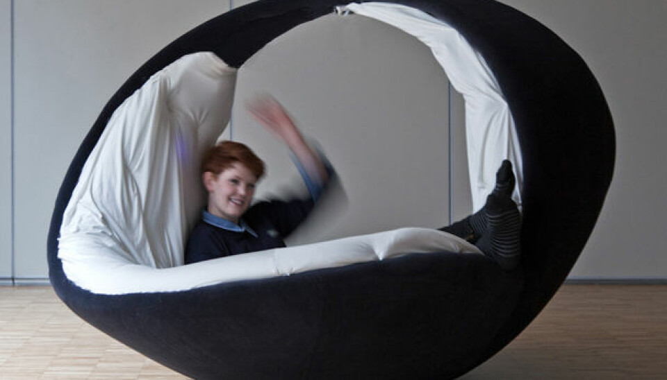 Unn’s favourite − an egg-shaped piece of furniture, here being tested by a project member. (Photo: Rhyme.no)
