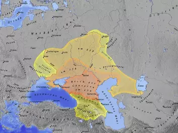 The coloured area indicates the Khazars’ territory, one of the regions where travelling Arab writers describe having met Vikings. (Image: Wikimedia Creative Commons)