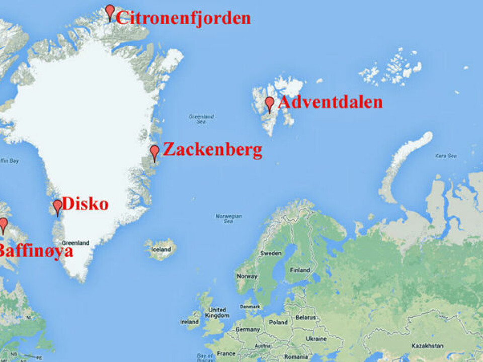 The study is based on soil samples from several Arctic spots. (Map: Google Maps/Graphics by forskning.no)