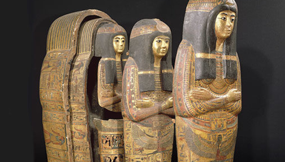 Coffin set belonging to the temple singer Tamutnofret, composed of an outer coffin, an inner coffin and a 'mummy-cover', a full-length death mask that was placed over the mummy. (Photo: Réunion des Musées Nationaux)