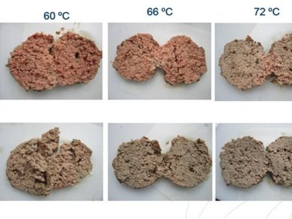 When meat has been packed in an oxygen-rich atmosphere, it becomes brownish grey and looks cooked through when it reaches 60°C, while meat packed with more traditional gas mixtures or in a vacuum needs temperatures above 71°C to achieve the same colour. (Photo: Nofima)