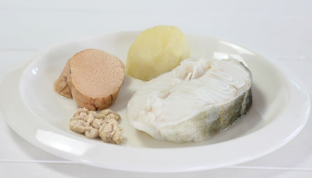 A single serving of the traditional North Norwegian delicacy, skreimølje, provides 12 daily doses of vitamin D. Clockwise from top left, all steamed or boiled –a slice of roe, a potato, a a slice of the spawning cod, and a piece of its liver. (Photo: Norwegian Seafood Council) A single serving of the traditional North Norwegian delicacy, skreimølje, provides 12 daily doses of vitamin D. Clockwise from top left, all steamed or boiled –a slice of roe, a potato, a a slice of the spawning cod, and a piece of its liver. (Photo: Norwegian Seafood Council)