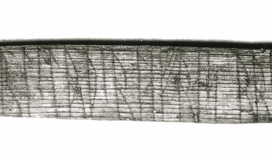 Two men, Sigurd and Lavrans, carved their names both in code and in standard runes on this stick, dated from the 13th century and found at the Bergen Wharf. This helped researcher Jonas Nordby crack the jötunvillur code. (Photo: Aslak Liestøl/Museum of Cultural History, University of Oslo)