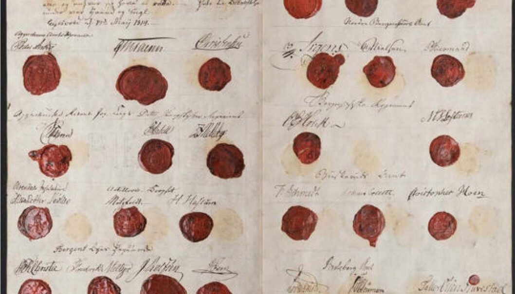 Signatures on the original Constitution document from Eidsvoll, 48 pages long and with 110 articles. (Photo: Archives of the Storting) Signatures on the original Constitution document from Eidsvoll, 48 pages long and with 110 articles. (Photo: Archives of the Storting)