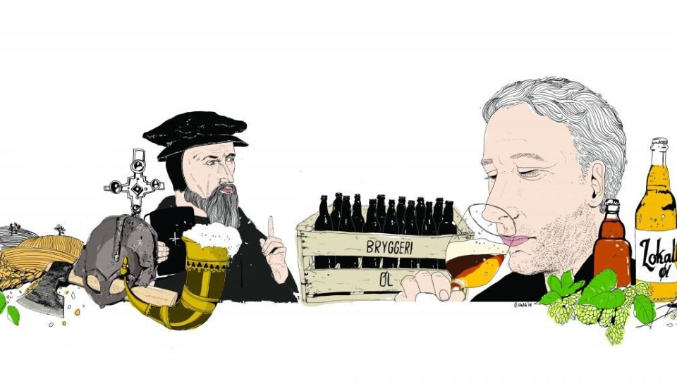 A JOURNEY IN TIME – BEER IS THE NEW WINE: Beer was part of the culture for the Vikings, and the Catholic Church embraced this tradition before the Protestant Reformation brought about a more sober attitude to drink and abolitionist movements took over. With the industrial age mass production ensued, but today new generations are revitalising old beer brewing traditions as part of a broader trend towards local food production. (Illustration: Oda Valle, University of Bergen)