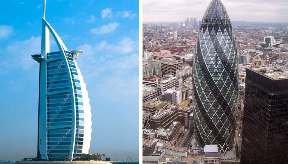 The Burj Al Arab Hotel in Dubai and 30 ST Mary Axe, better known as “the Gherkin”, in London. (Photos: left – Joi Ito, Creative Commons, right – Paste, Wikimedia Commons)