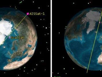 AISSat-1 and 2 orbit the Earth nearly from pole to pole. They maintain an elevation of approximately 630 kilometres. The area seen from this vantage point has a radius of up to 3,000 km. The image shows how the orbits can vary. The SvalSat tracking station on Svalbard is also marked. (Graphics: The Norwegian Defence Research Establishment) AISSat-1 and 2 orbit the Earth nearly from pole to pole. They maintain an elevation of approximately 630 kilometres. The area seen from this vantage point has a radius of up to 3,000 km. The image shows how the orbits can vary. The SvalSat tracking station on Svalbard is also marked. (Graphics: The Norwegian Defence Research Establishment)