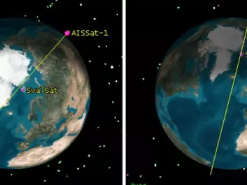 AISSat-1 and 2 orbit the Earth nearly from pole to pole. They maintain an elevation of approximately 630 kilometres. The area seen from this vantage point has a radius of up to 3,000 km. The image shows how the orbits can vary. The SvalSat tracking station on Svalbard is also marked. (Graphics: The Norwegian Defence Research Establishment)