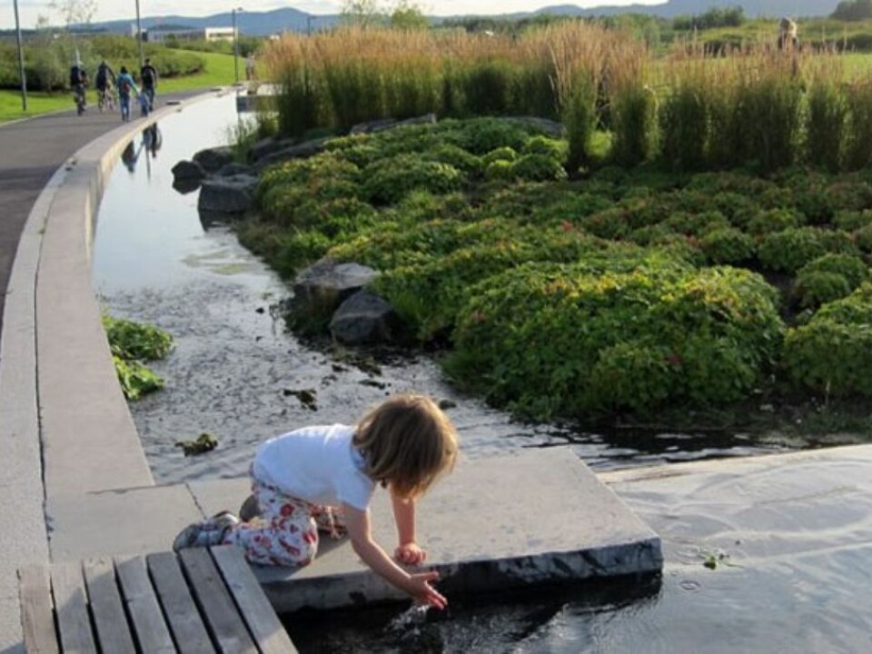 Landscape architects at Fornebu, just outside Oslo, have created surface water systems close to playgrounds, to the delight of children. (Photo: Bjørbekk & Lindheim)