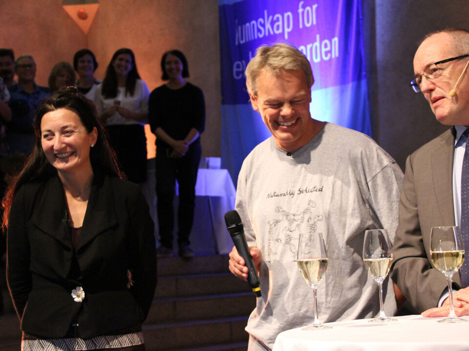The Mosers with NTNU Rector Gunnar Bovim at a celebration hosted by the university after the Nobel Prize was announced. (Photo: Nancy Bazilchuk, NTNU)