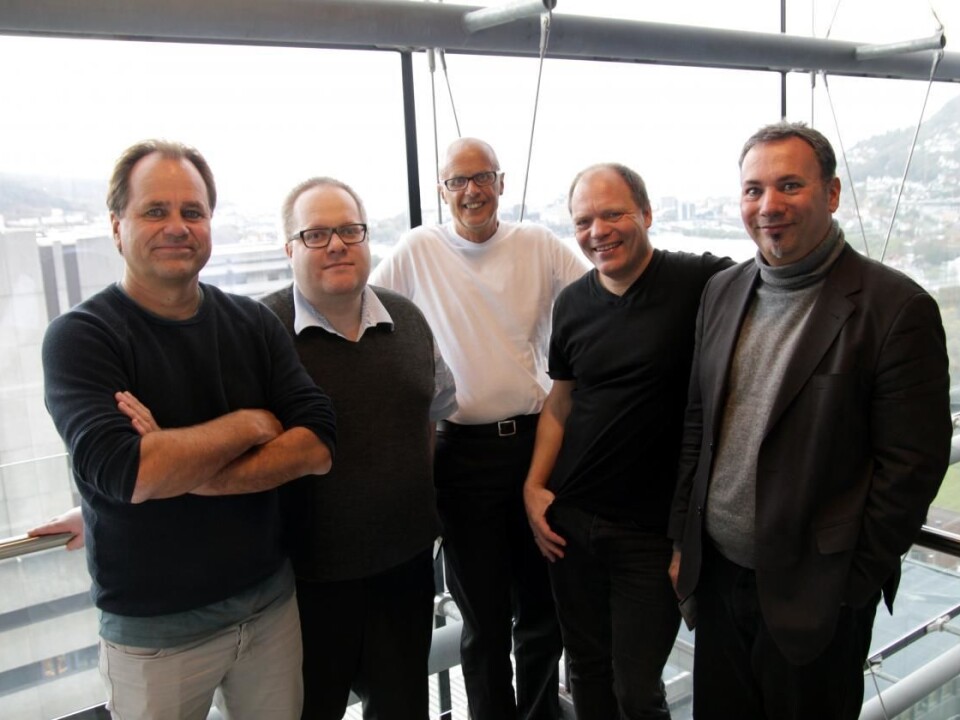 Five of the six NHH and UiB researchers behind the new study that shows how the brain responds to questions regarding fairness and inequality. Left to right: Bertil Tungodden (NHH), Erik Ø. Sørensen (NHH), Kenneth Hugdahl (UiB), Alexander W. Cappelen (NHH) and Karsten Specht (UiB). (Photo: Solrun Dregelid, University of Bergen)