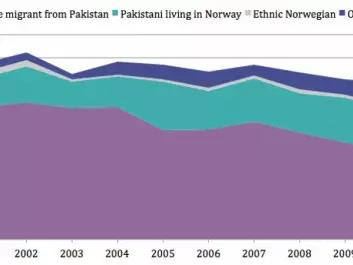 The share of 30-year-old Pakistanis in Norway who are married are on a steady decline. Bottom to top: Violet = married to an immigrant from Pakistan. Green = married to a Pakistani-Norwegian. Grey = married to an ethnic Norwegian. Blue = others. (Graphics: Norwegian Institute for Social Research)