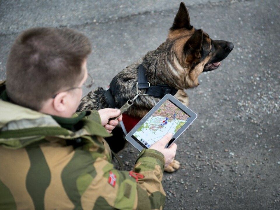 Training materials can be carried into the field on tablets and mobile phones. A dog trainer in the Home Guard uses an app developed by in the new project from FFI. (Photo: FFI)