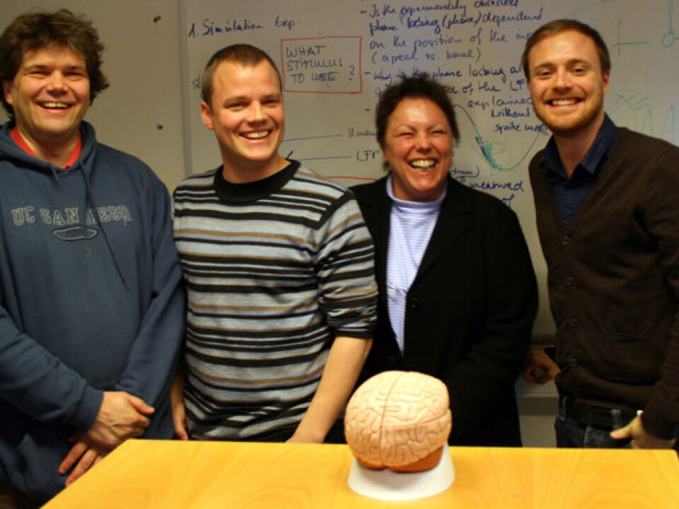 From left: Professor Gaute Einevoll, researcher Klas Pettersen, dr Sonja Grün og former PhD-student at UMB, Henrik Lidén (Photo: Trond Solem)