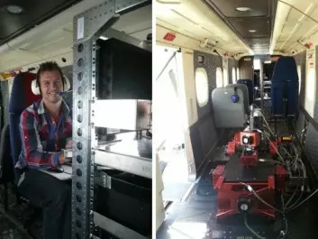 Left: Trond Løke, NEO, during a test flight. Right: Odin mounted in the aircraft cabin. (Photo: ONERA and Trond Løke)
