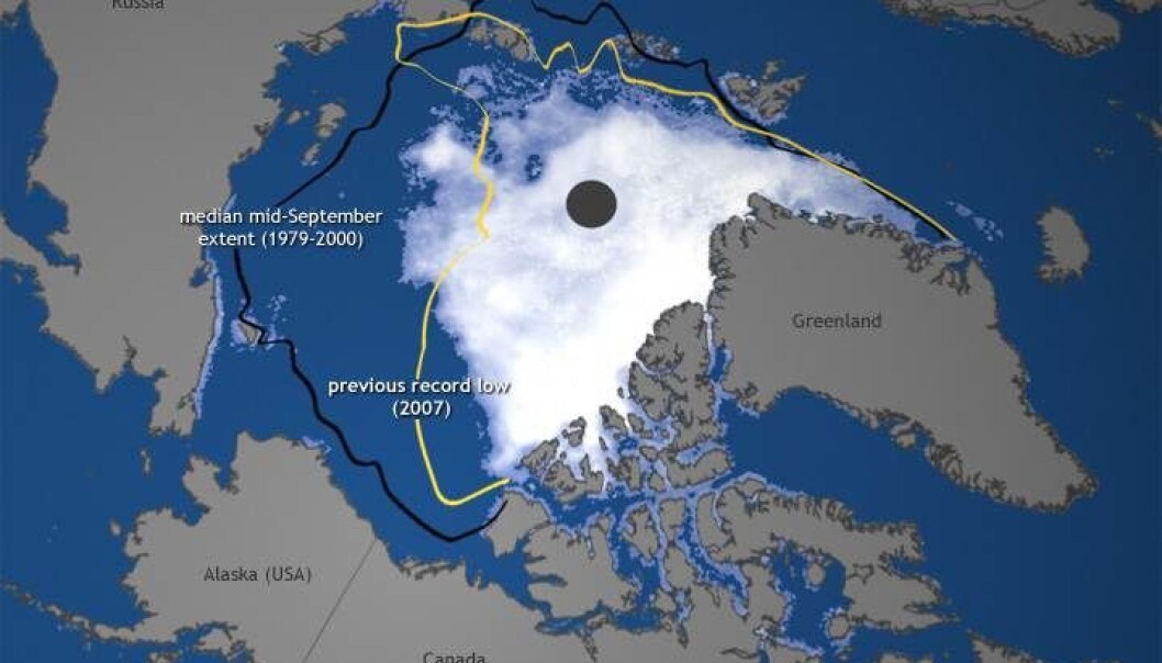 This is the extent of sea ice in the Arctic today, which also show its extent in 2007 and its average extent in September from 1979 to 2000. (Map: http://www.arctic.noaa.gov/report12/) This is the extent of sea ice in the Arctic today, which also show its extent in 2007 and its average extent in September from 1979 to 2000. (Map: http://www.arctic.noaa.gov/report12/)
