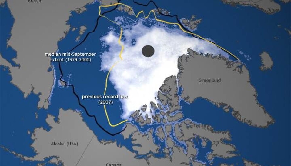This is the extent of sea ice in the Arctic today, which also show its extent in 2007 and its average extent in September from 1979 to 2000. (Map: http://www.arctic.noaa.gov/report12/)
