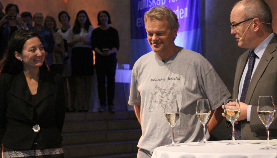 May-Britt and Edvard Moser on stage with NTNU Rector Gunnar Bovim, as they celebrate their award of the Nobel Prize in Physiology or Medicine at a special ceremony. (Photo: Nancy Bazilchuk, NTNU)