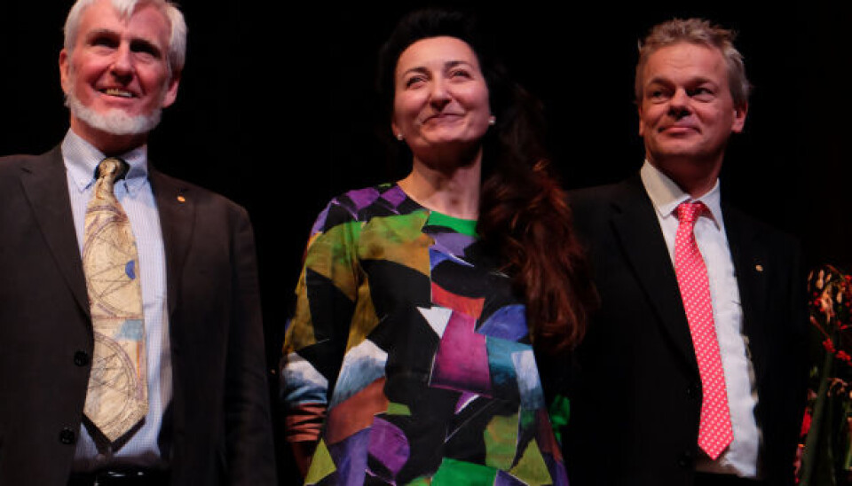 Nobel Laureates John O'Keefe, May-Britt Moser and Edvard Moser on stage after their Nobel Lectures at the Karolinska Institutet in Stockholm. (Photo: Gunnar K. Hansen, NTNU)