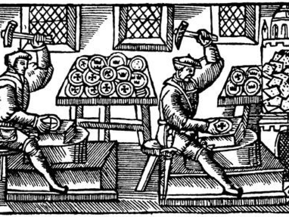 A coin workshop in the mid 1500s, as is shown in the Swedish-Italian archbishop Olaus Magnus’s great work, “History of the Nordic peoples” (1555).