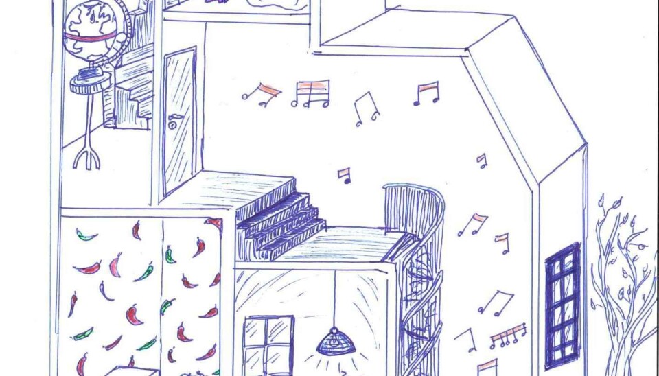 Ailin Moser, daughter of Nobel Laureates May-Britt and Edvard Moser, drew this picture of a house to illustrate how the method of loci works. If you wanted to remember the countries of South America, for example, you might imagine a seal playing a brass instrument in one room in your house to remember Brazil, and chili peppers in another room to remember Chile. (Image: Ailin Moser)